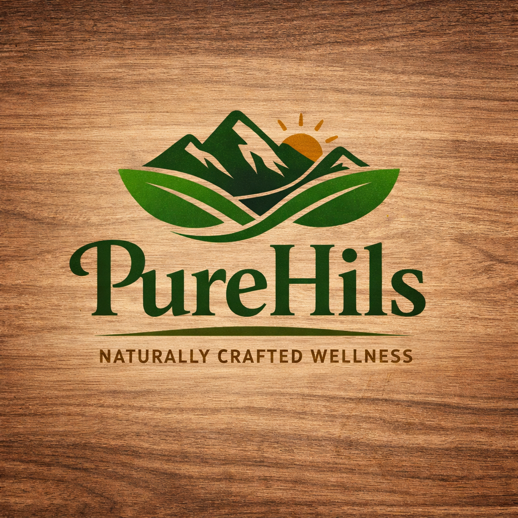 PureHils wellness logo on wooden base